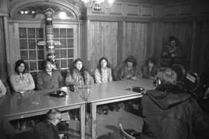 Warrior press conference inside the Abby.  John Waubanascum in front of the totem pole, Mike Sturdevant to his left, Neal Haupetos leaning second from right.