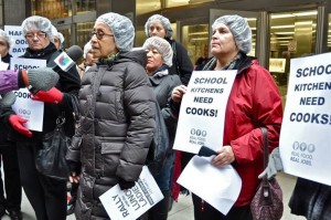 My wife Gloria speaking to a Univision reporter about job losses in Chicago Public School kitchens.